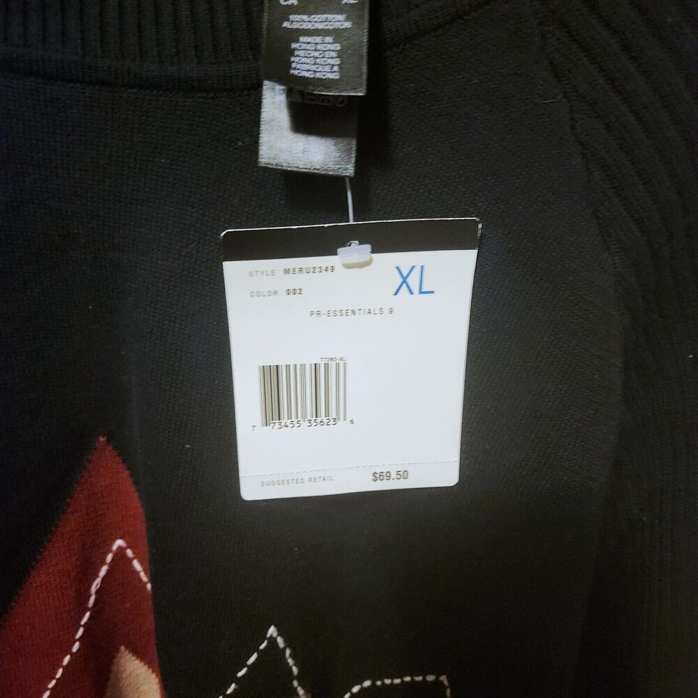 VTG Claiborne Black Red Argyle Diamond Cotton Golf Grandpa Sweater XL Long NWT - Picture 6 of 8